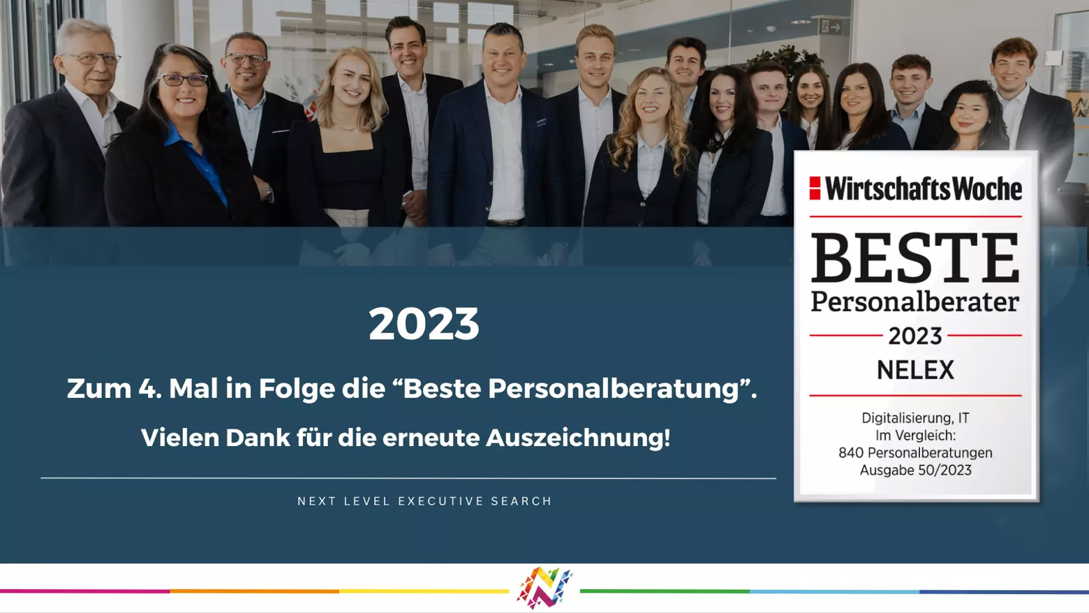 Eine Gruppe von Menschen in formeller Kleidung steht zusammen. Daneben ein Textfeld mit der Aufschrift "2023 Zum 4. Mal in Folge die 'Beste Personalberatung'. Vielen Dank für die erneute Auszeichnung!" und ein Zertifikat mit der Aufschrift "WirtschaftsWoche Beste Personalberater 2023". ->